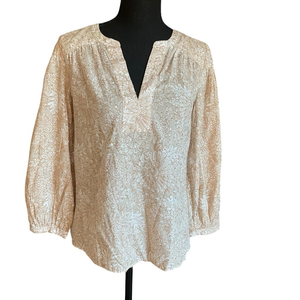 LOFT Metallic Floral Print Blouse XS Beige Gold